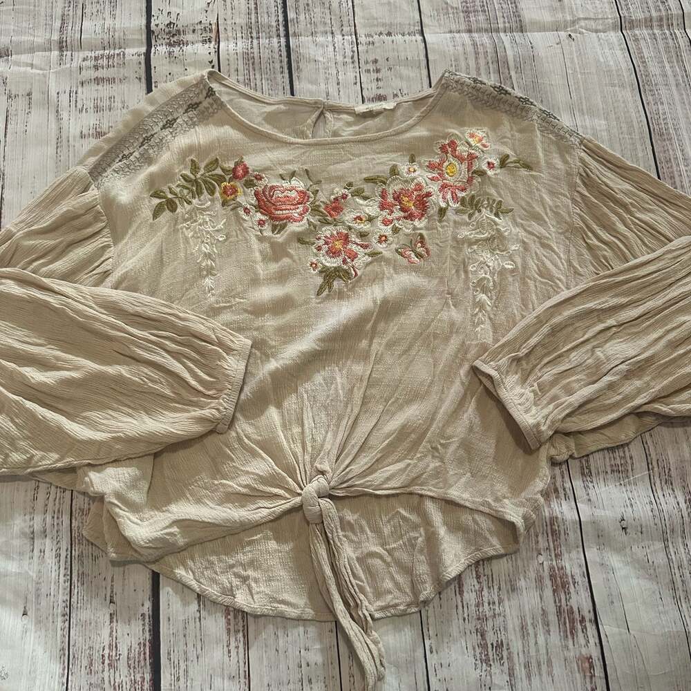 Mystree Floral Embroidered Boho Front-Tie Kimono Blouse Fairycore Y2k